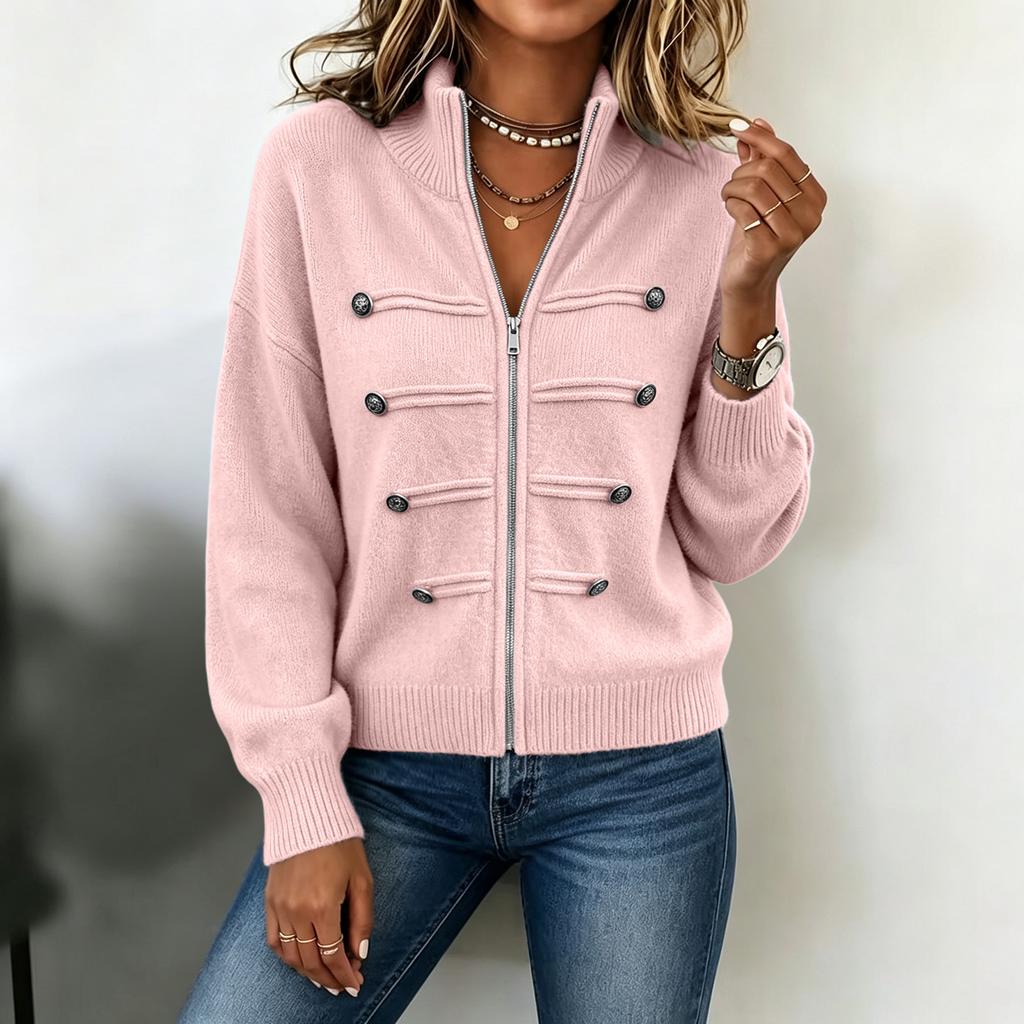 Women's Color Sweater Jacket with Stand Collar and Double Zipper for Casual Wear