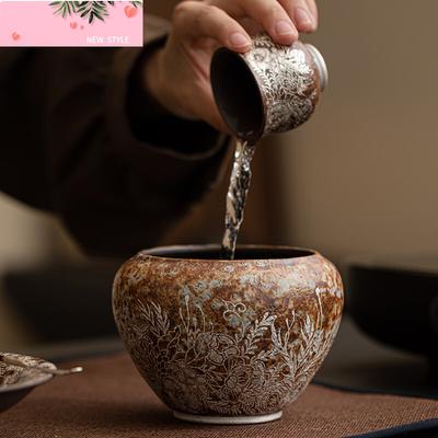 450ml Aesthetic Old Rock Mud Jianshui Gilding Silver Flowers Tea Wash Bowl Writing-brush Washer Chaxi Accessories Decoration