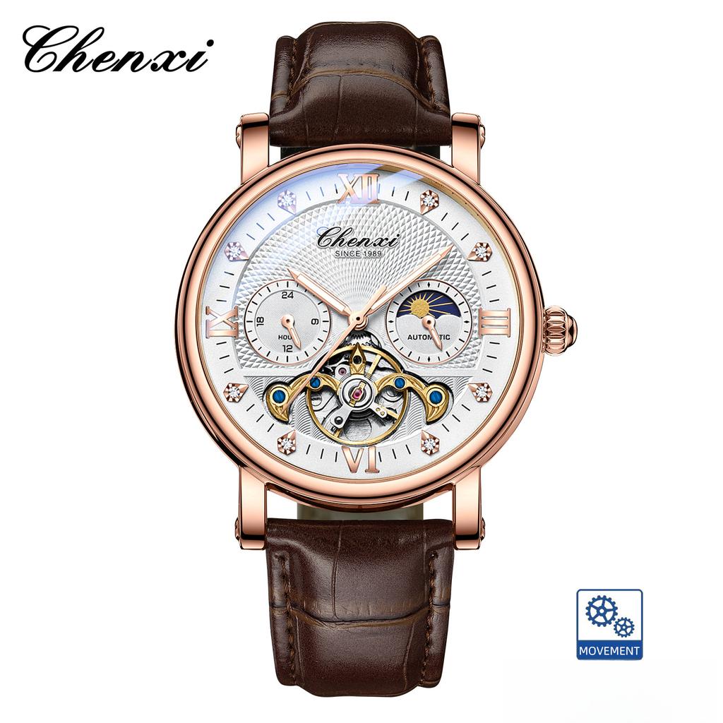 CHENXI Fashion Automatic Mechanical Watch Sun Moon Phase Tourbillon Waterproof Leather Strap Alloy Case Men's Watch