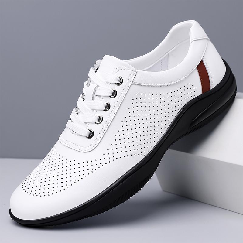 Summer New Men Fashionable Lightweight Casual Soft Soled Leather Shoes Brand Outdoor Men Hollow Breathable Lace Up Sports Shoes