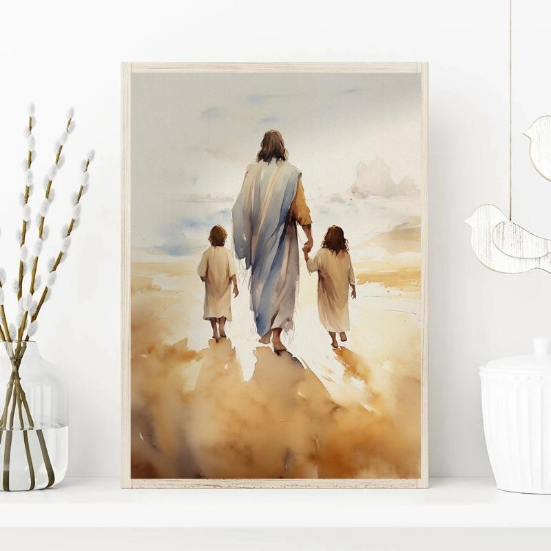 Jesus Christ Walking with A Child,poster Bible Art Canvas Painting Christian  Wall Art Picture for Living Room Home  Decor