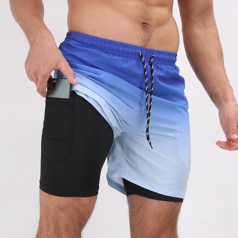 Men's Summer Sports and Leisure Printed Double-layer Anti Glare Beach Shorts