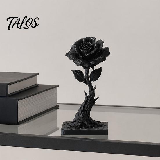 Talos 3D Printed Black Rose Statue Ornament, Gothic Dark Style Figurine, Artistic Flame Base Flower Decor, Exquisite Decoration for Home Office
