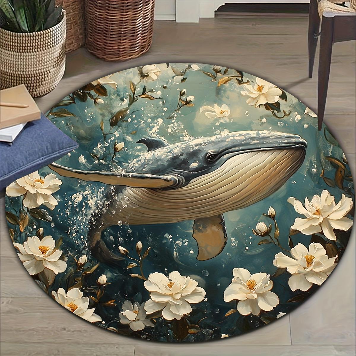 

Flannel Printed Round Rug With Whale And Flowers Design For Living Room Home Decor Soft Floor Mat Nature Inspired Art 60CM(23.6inch)