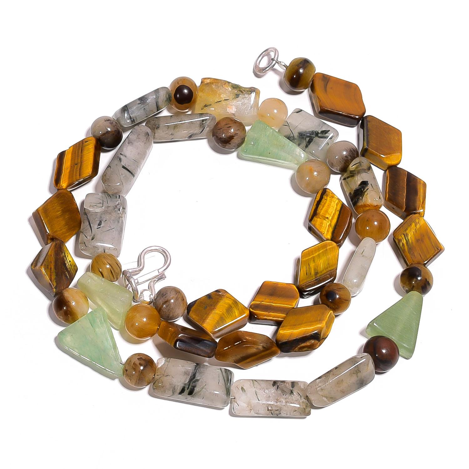 

Natural Tiger Eye Rutile Quartz Aventurine Gemstone Beads Necklace 17 UB-4138 UB-4138