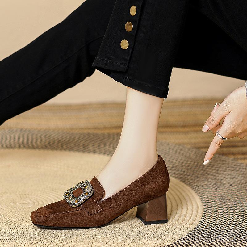 Autumn and winter deep mouth thick heel single shoes 2025 new French retro British women's shoes rhinestone square buckle square head high heels
