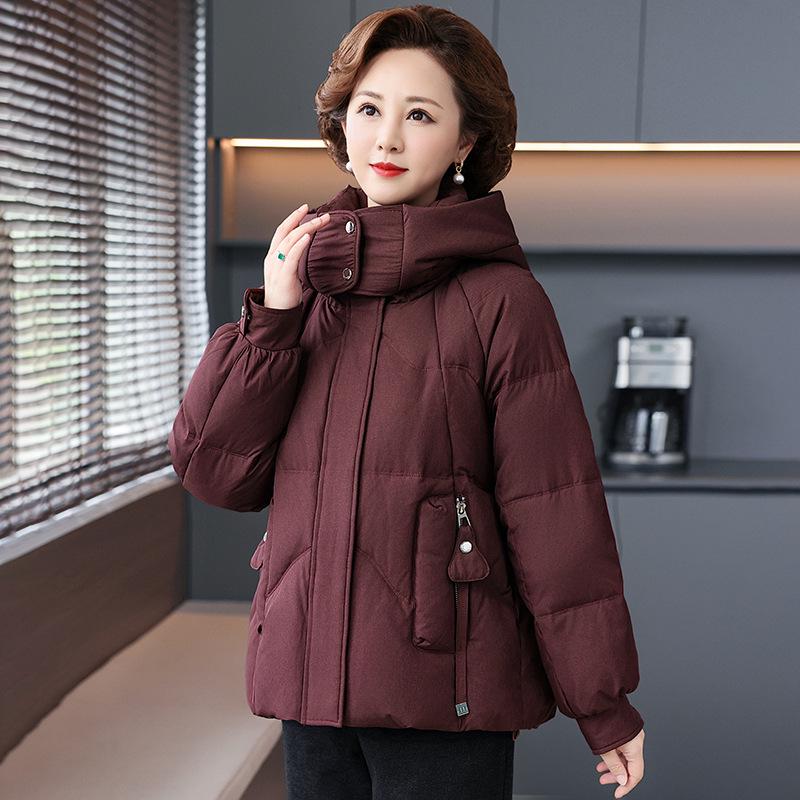 Stylish Hooded White Duck Down Jacket for Middle-Aged Women and Grandmothers