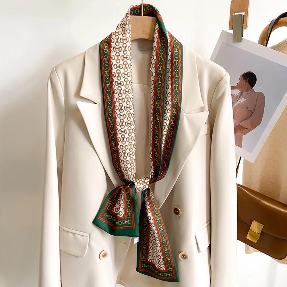 Fashion New Small Silk Scarf Women Tie Bag Headband Chain Printing Hairband Korean Style Neckerchief Ribbon Luxury Brand