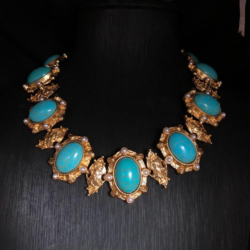 

Ретро Мода Бирюзовое Короткое Позолоченное Ожерелье и Серьги Элегантные и Универсальные Женские Украшения Turquoise necklace