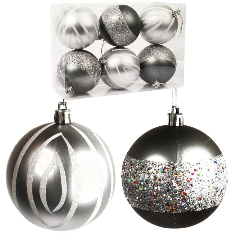 Set of 6 Graphite Plastic Baubles with a Diameter of 8 Cm