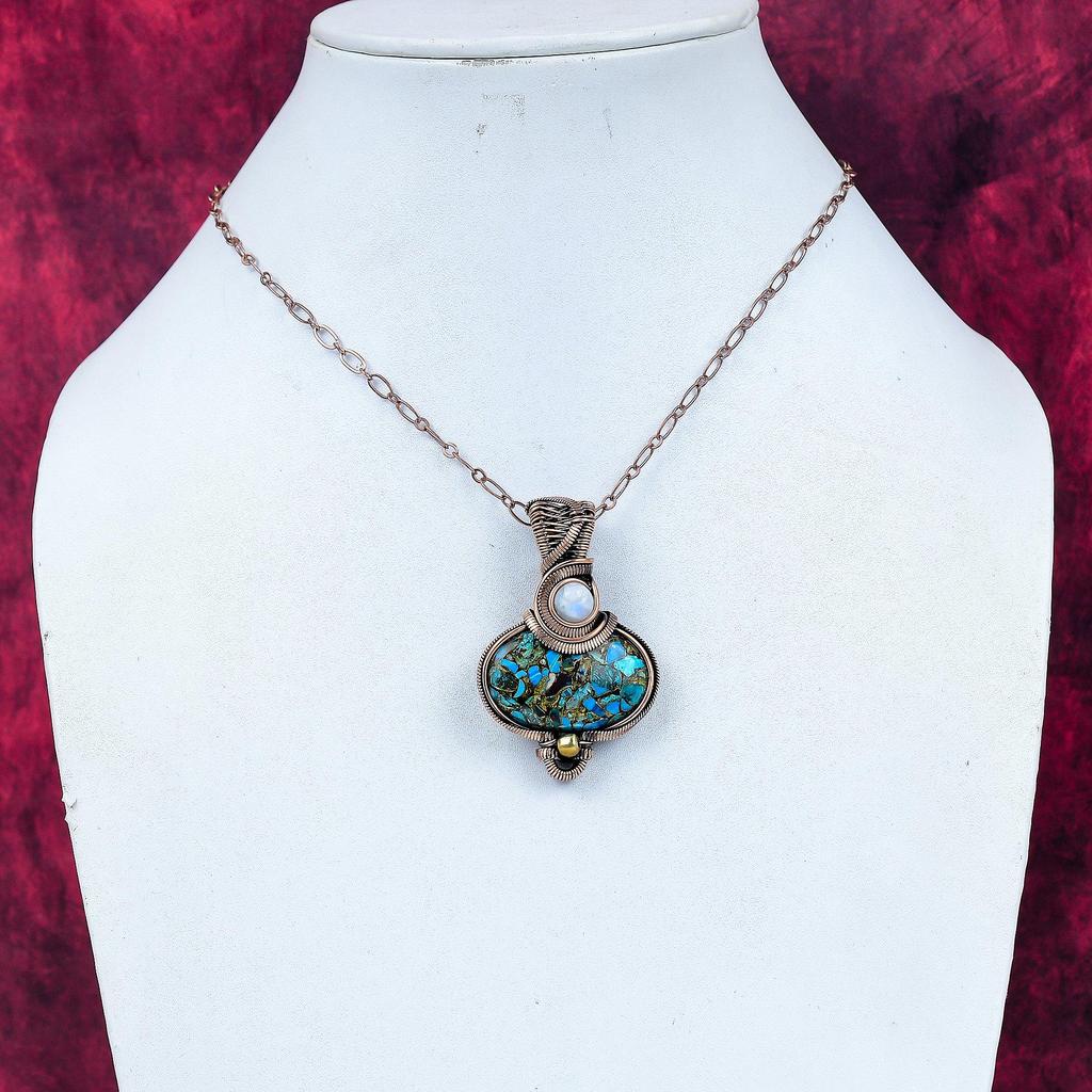 Copper Chrysocolla Pendant Copper Wire Wrapped Pendant Moonstone Gemstone Jewelry