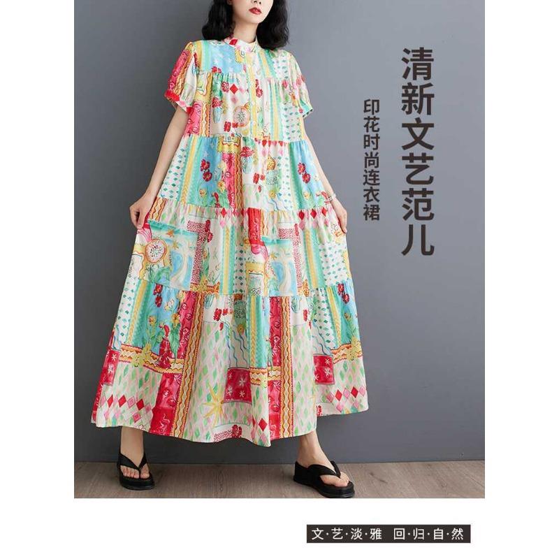 Été Nouveau Ample Grande Taille Mode Imprimé Robes Minces Mi-longues