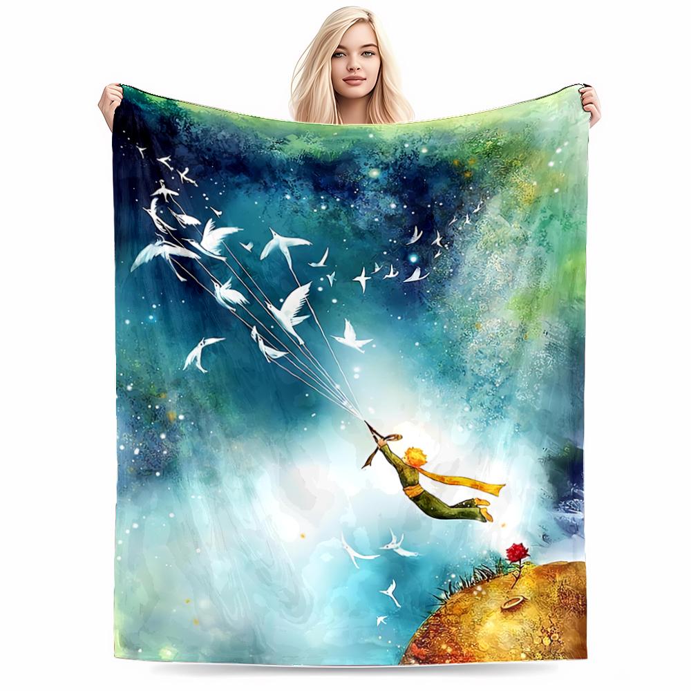 Little Prince Inspired blanket with Birds and Starry Sky Design blanket, suitable for use in the bedroom, living room, on the sofa