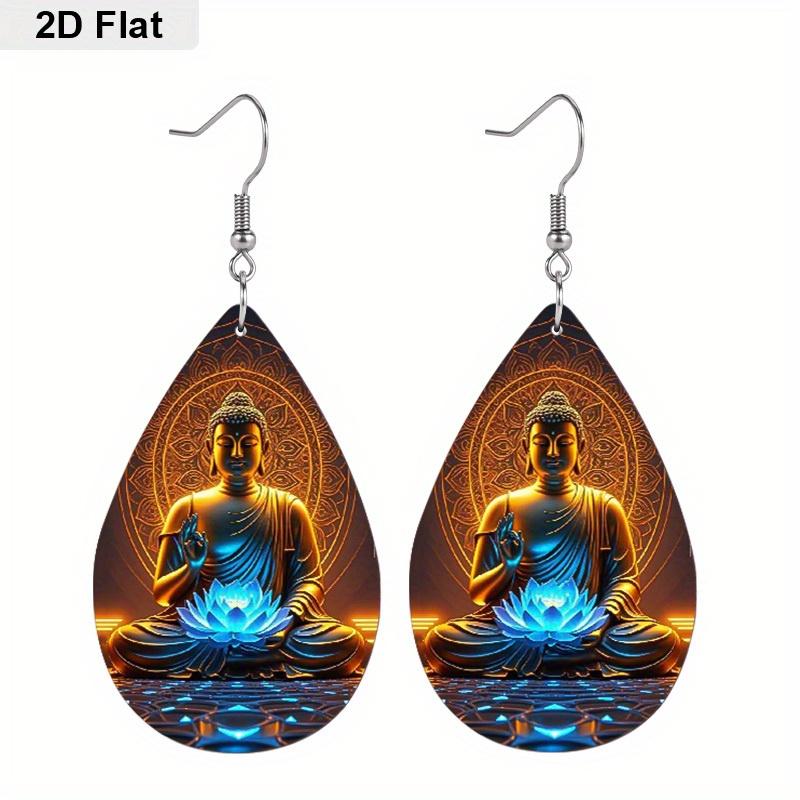 Golden Meditate Buddha with Lotus Floral PU Earrings for Women, Boho Style Buddha Avatar Hoop Earrings, Women's Fashion Drape Earrings