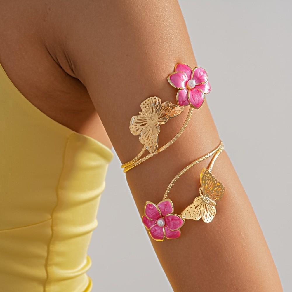 Twist Line Cuff Bangle for Women Pearl Bohemian Bracelet Fashion Flower Butterfly Arm Cuff Summer