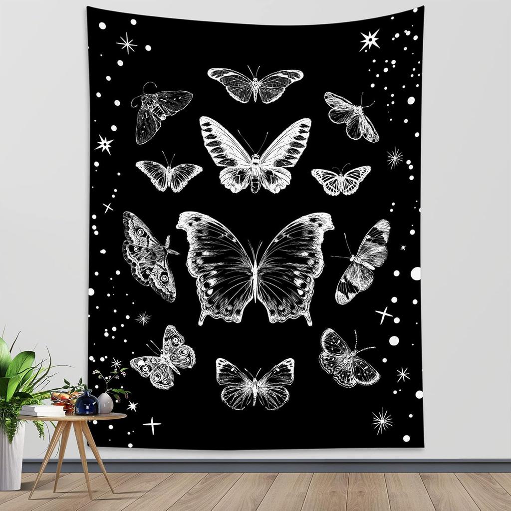LB Butterfly Tapestry Wall Hanging Black and White Ect Moth Wall Tapestry for Bedroom Goth Black Aesthetic Wall Art for Living Room College Dorm