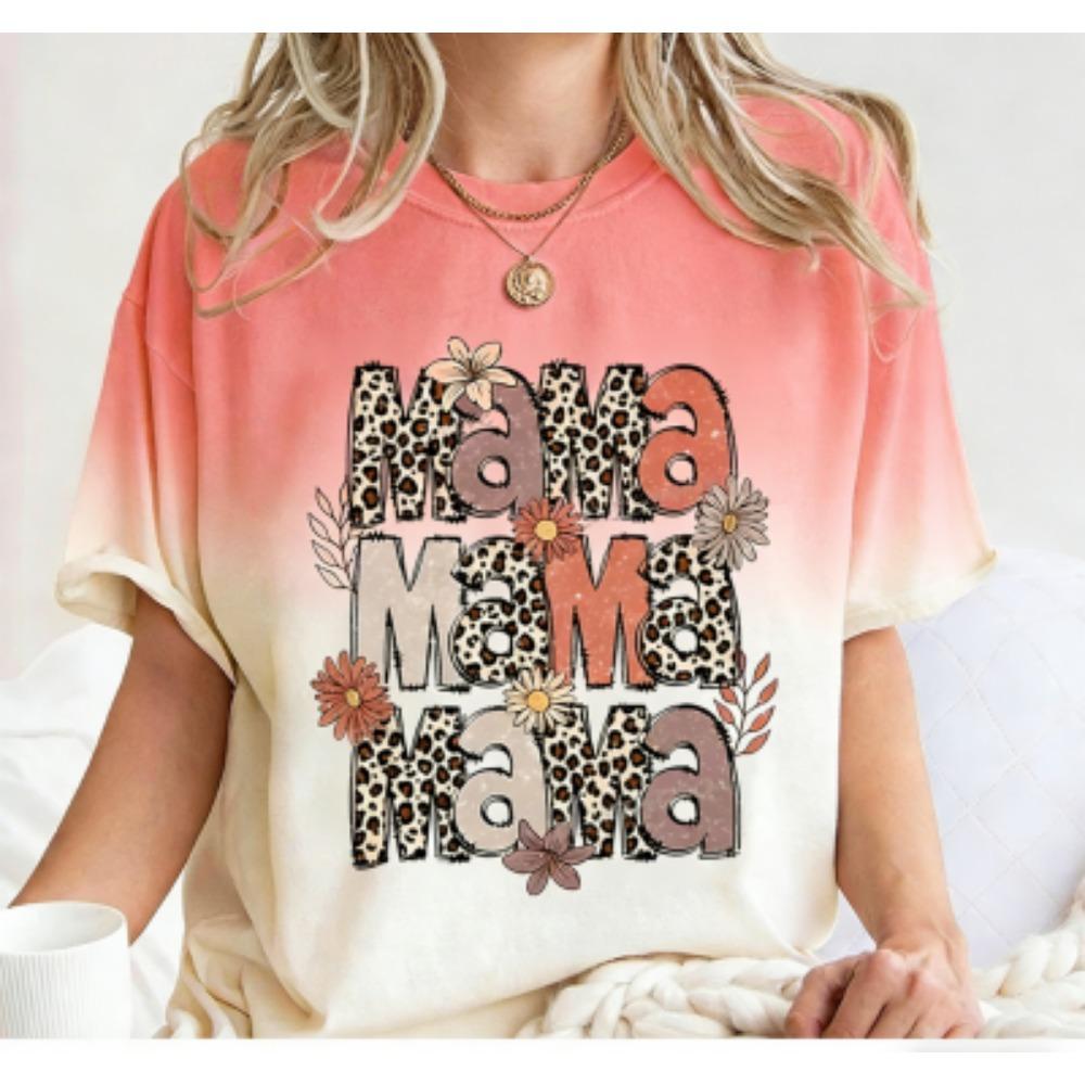 Fashion Funny Leopard Letter Mama Colorful Print Women's Short Sleeves T-Shirt Loose Casual Summer Outdoor Street Women's Tees Tops