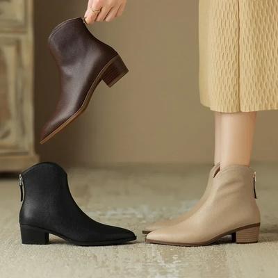 Stivali Nuovi Primavera e Autunno da Donna a Punta Tacco Grosso Stivaletti Moda Retrò Pelle Morbida Cerniera Stivaletti Moda