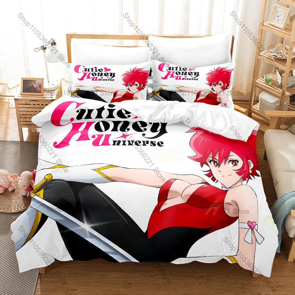 Cutie Honey Bedding Set Includes Duvet Cover 2 Pillowcases Classic Retro Magical Shoujo Anime Character Bedroom Decor For Anime