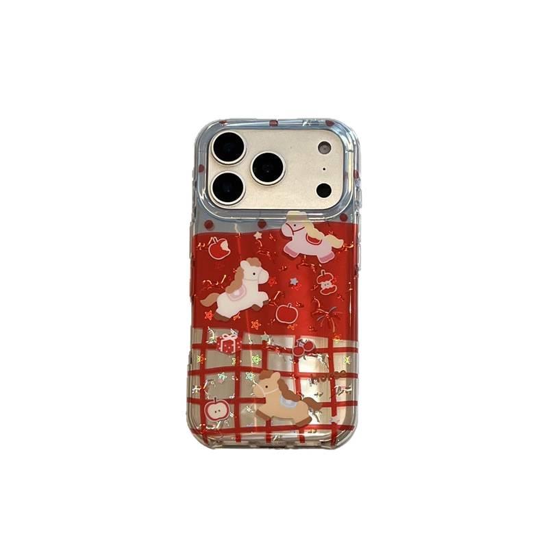 Red Plaid Horse Apple Phone Case for 17 Pro Max, 16 Pro Max, 15 Pro/14 Pro - Double Layer, New Year Style