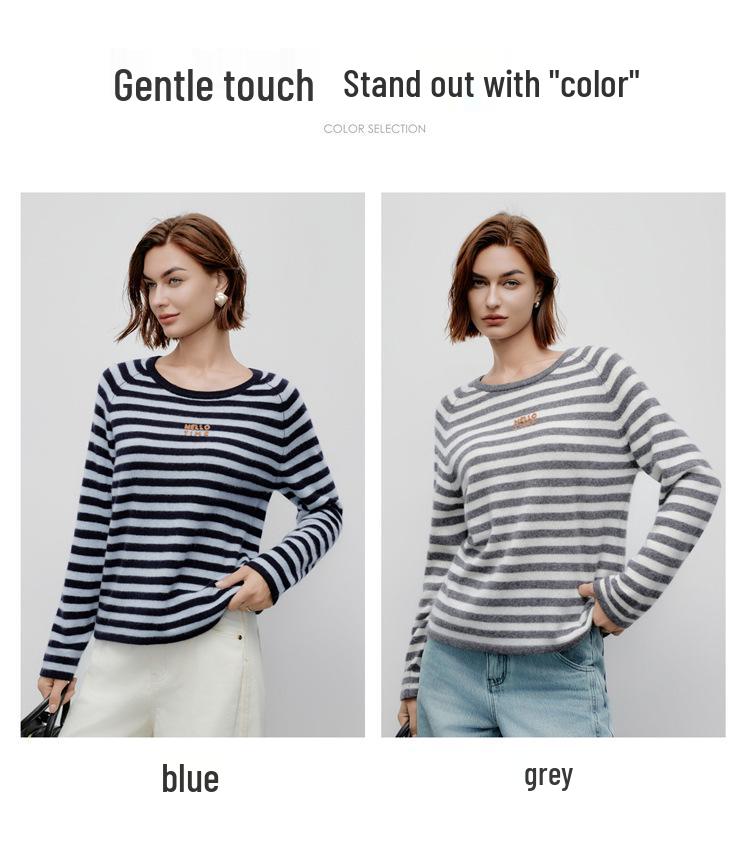 Women's 2026 Spring/Autumn Round Neck 100% Cashmere Knit Outerwear with Striped Letter Design.