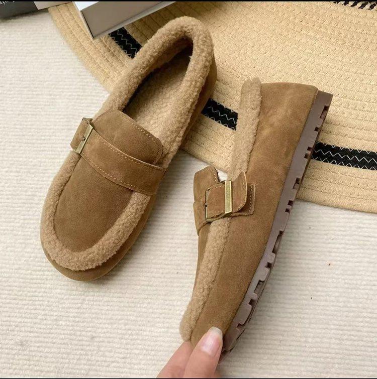 

Ношение теплых лоферов для женских новых туфель Doudou на плоской подошве 2025 года, зимнего бархата и ретро хлопковых туфель на одной педали для женщин 35