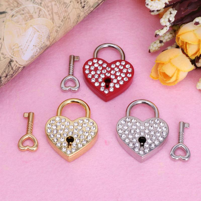Mini Heart Archaize Padlocks With for Key Metal for Wish Lock Jewelry Box Diamonds Decorative Padlock for Lovers, Girls,