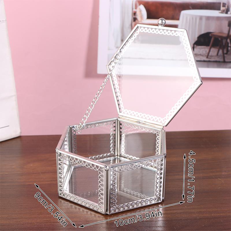 Hexagon Transparent Glass Storage Box Jewelry Ring Earring Beads Coins Display Case Keepsake Organizer Tabletop Container