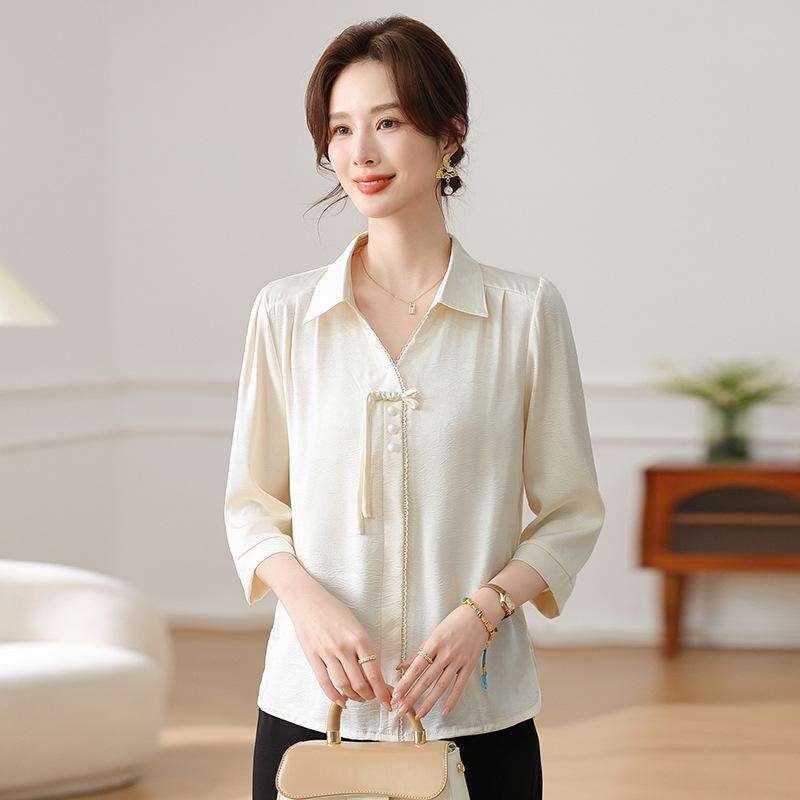 

Mom s Stylish Chinese Seven-Sleeve Loose Top for Middle-Aged Women XL брудно-білий