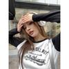 2026 Spring/Summer Women's Black & White Patchwork Raglan Long Sleeve Tee - American Style Print, Loose Fit, Color Block Trendy Top