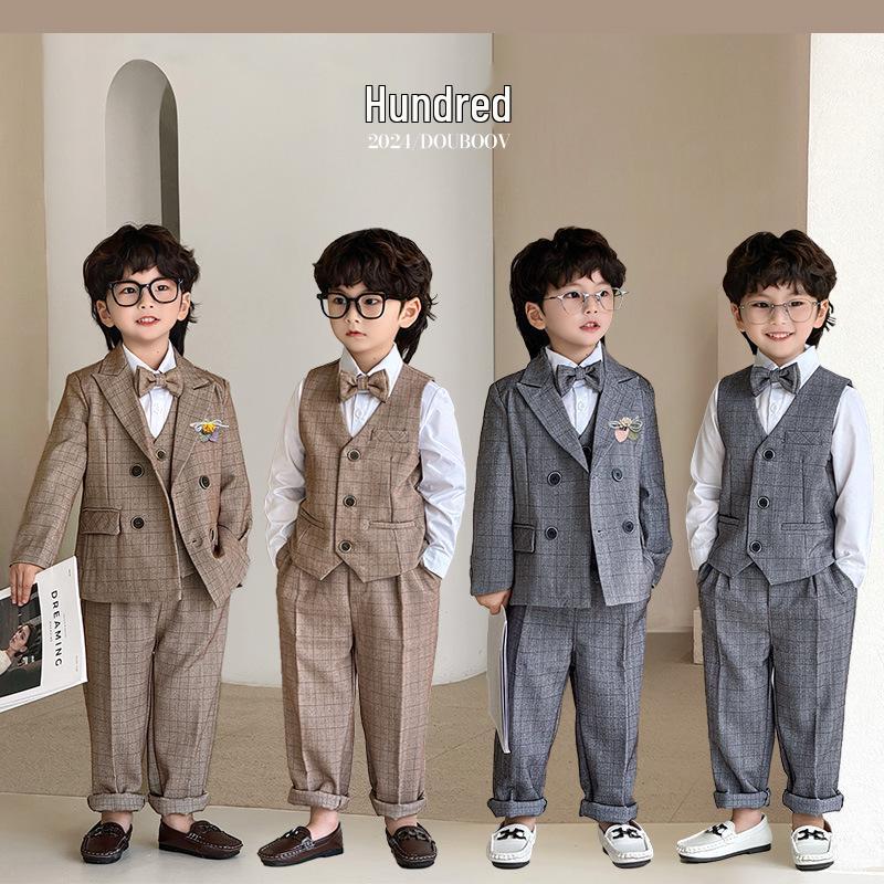 2025 Autumn British Plaid Tuxedo Suit for Kids: Boys' & Girls' Performance Vest Costume