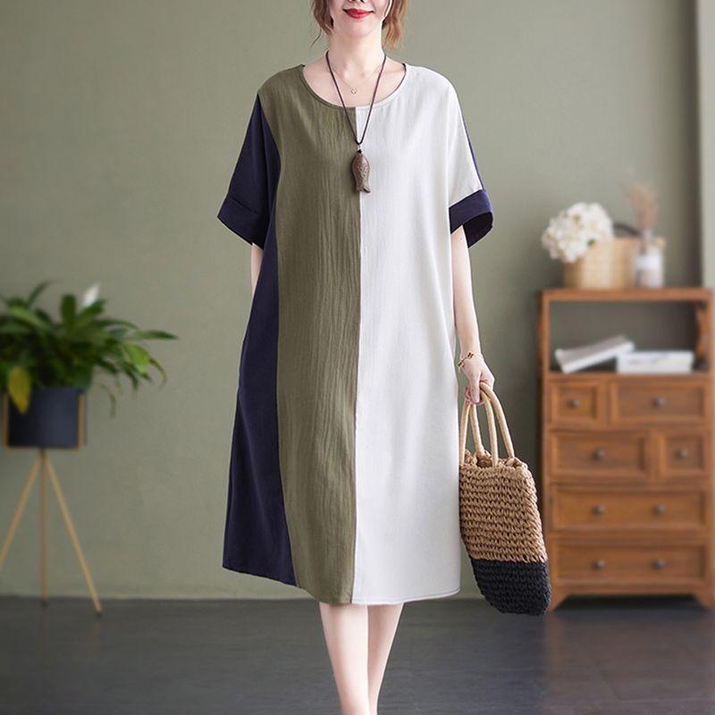 

High end Cotton and Linen Dress Women Plus size Retro Patchwork Contrast Color Mid-Length Middle-Aged and Elderly Mothers Thin Loose Skirts Picture Color L