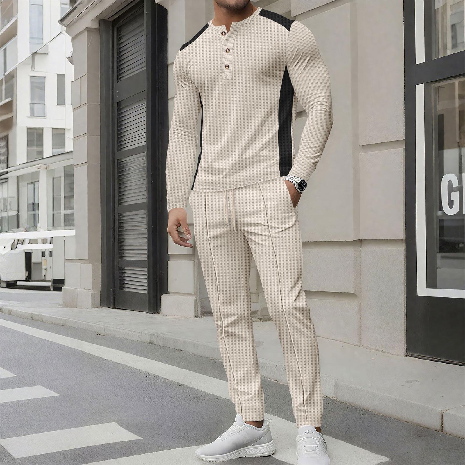 

Men s New Casual Long Sleeved Trousers Suit High Collar Two Color Button Long Sleeved Trousers Suit XL