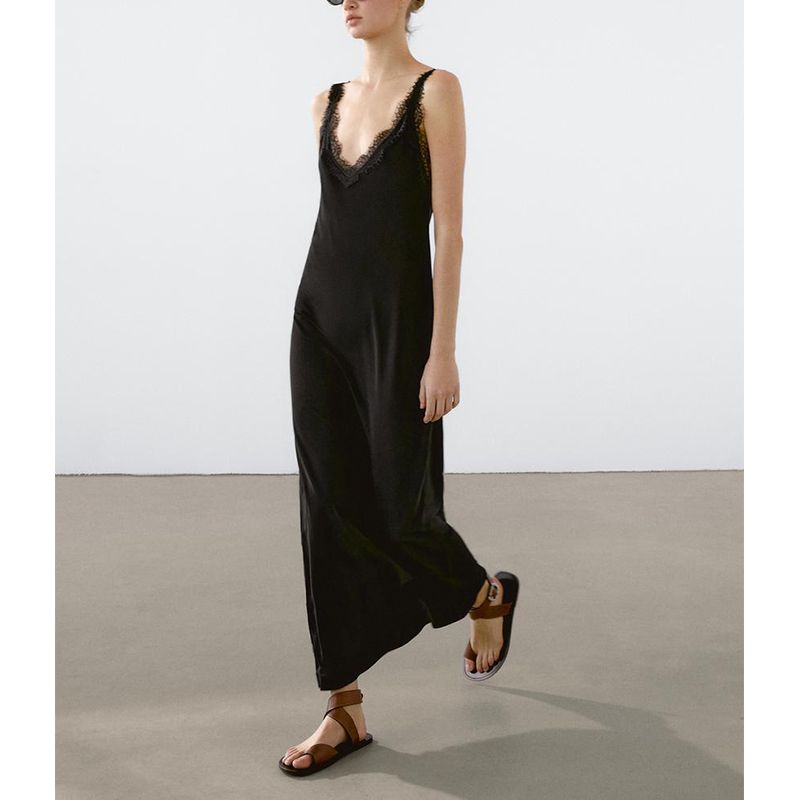 MD Summer New Arrival Women's Black Sexy Lace Neckline Elegant Long V Neck Vest Dress 6657805