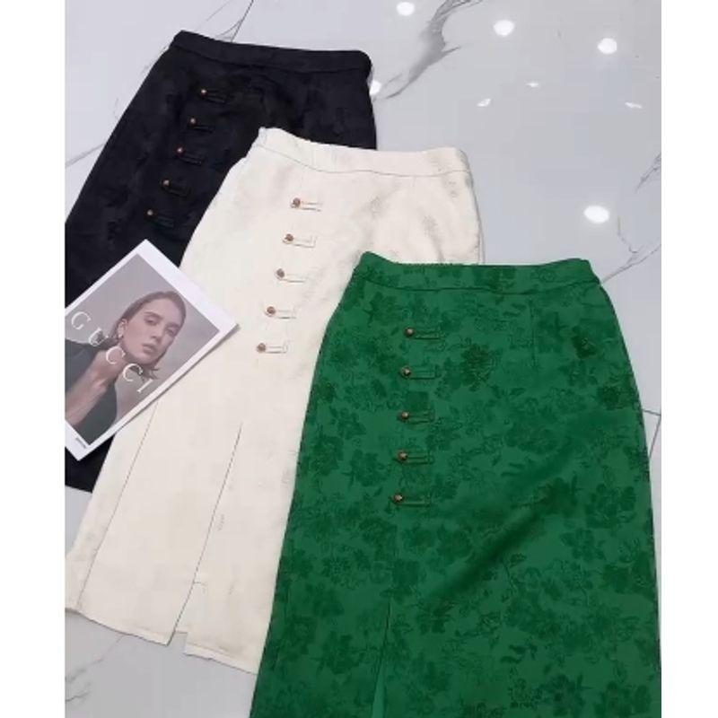 

Highlight Elegance Aura! Chinese Style Women s Jacquard Cotton Front Slit Buckle over-the-Knee Skirt Back Zipper All Year Round Skirt Black 3XL