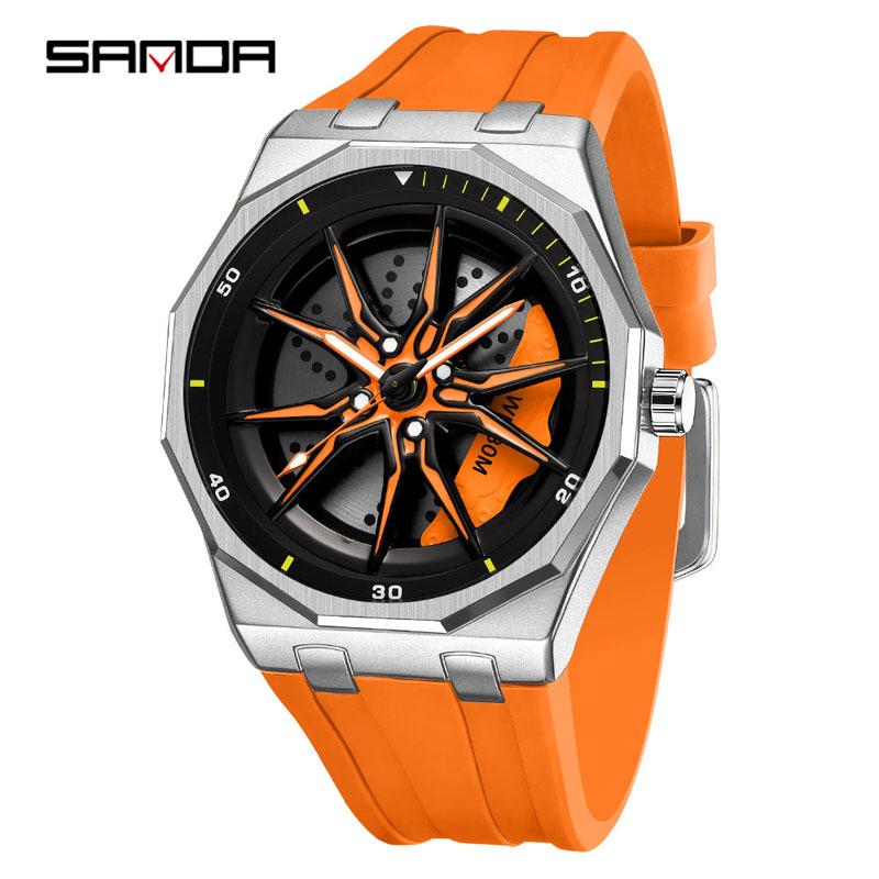 Sanda Men's Waterproof Alloy Car Wheel Design Silicone Wristwatch