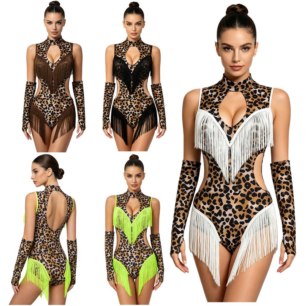 Women Leopard Print Latin Bodysuit Oversleeve Tassel Keyhole Backless Hollow Waist Button Crotch Leotard