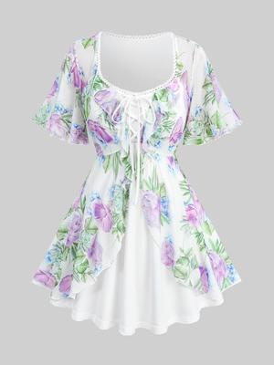 Rosegal Plus Size Floral Leaf Printed Mesh Ruffles Lace Up Layered Top