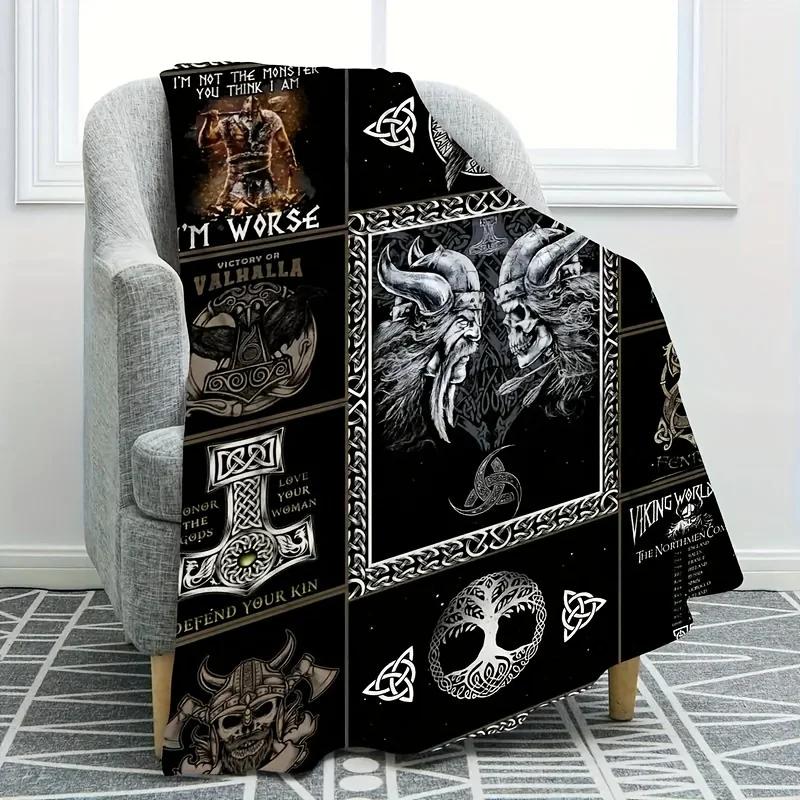 1pc Viking Splicing Print Flannel Blanket, Soft Cozy Throw Blanket Nap Blanket for Bed Office Home Birthday Holiday Gift Blanket