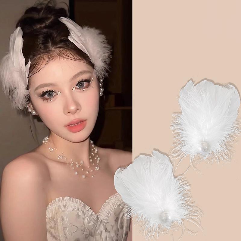 White Swan Feather Pearl Headdress Hairpin Fairy Hair Accessories Side Clip