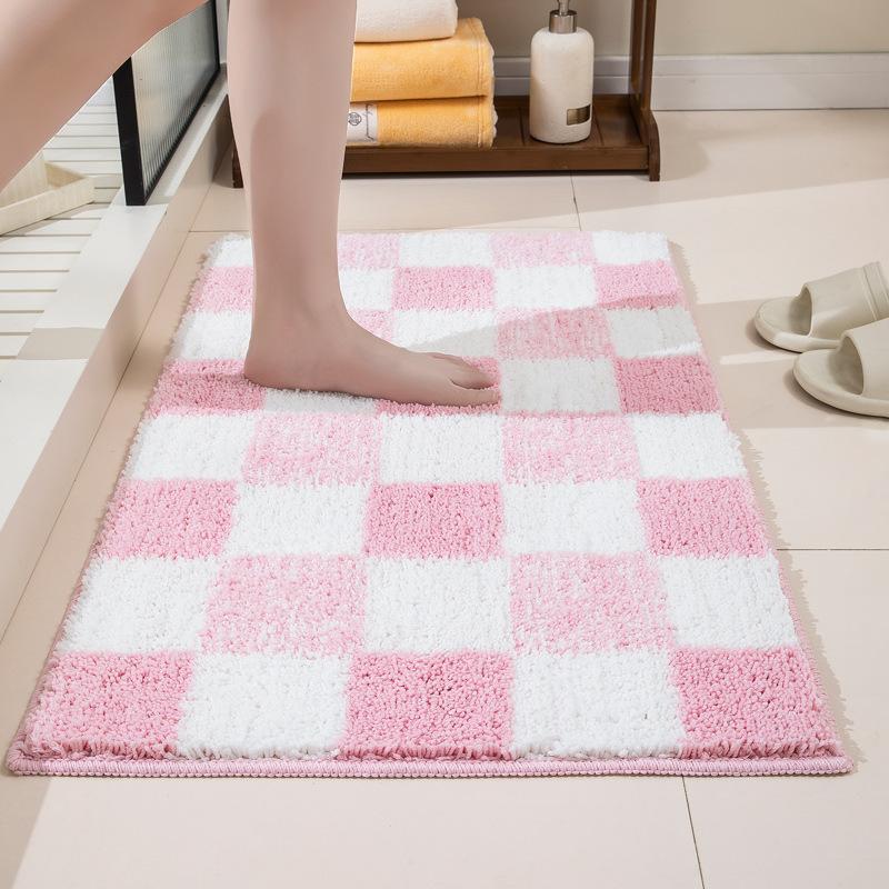 Pink Checkerboard Bathroom Floor Mat Absorbent Quick-drying Mat for The Home Bathroom and Thick Flocked Bathroom Rug