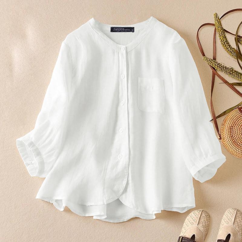 

ZANZEA Женская свободная повседневная блузка с круглым вырезом, однотонная, с рукавом 3/4 S белый