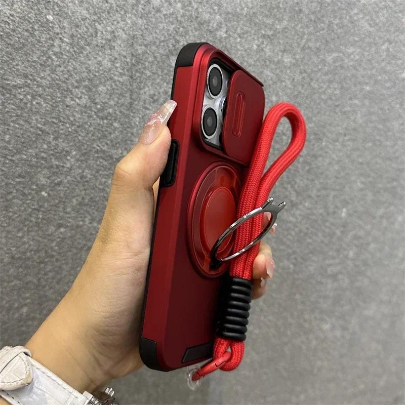 Armor Magnetic Ring Stand Holder Slide Window with Wrist Strap Phone Case for iPhone 16 15 13 12 11 14 Pro Max Plus Bumper Cover