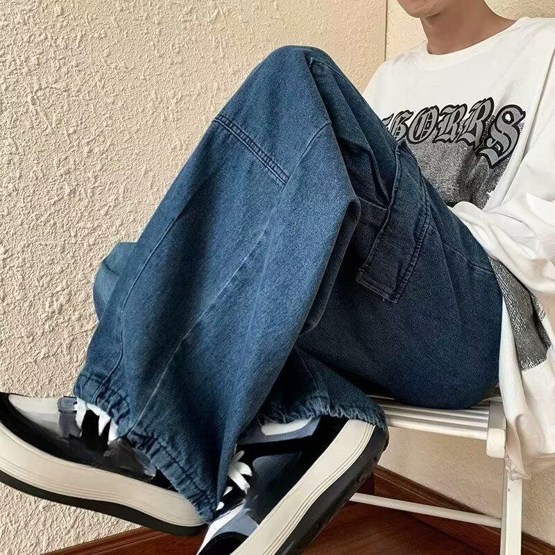Men/Women Oversized Cargo Pants Vintage Drawstring Multiple Pockets Elastic Waist Solid Color Baggy Denim Pants Wide Leg Trouser