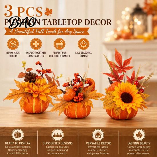 Autumn Mantle Decor Artificial Pumpkin Table Centerpiece with Sunflowers Maple Leaves And Pine Harvest Ornaments Cones, Halloween Foam Ornament,