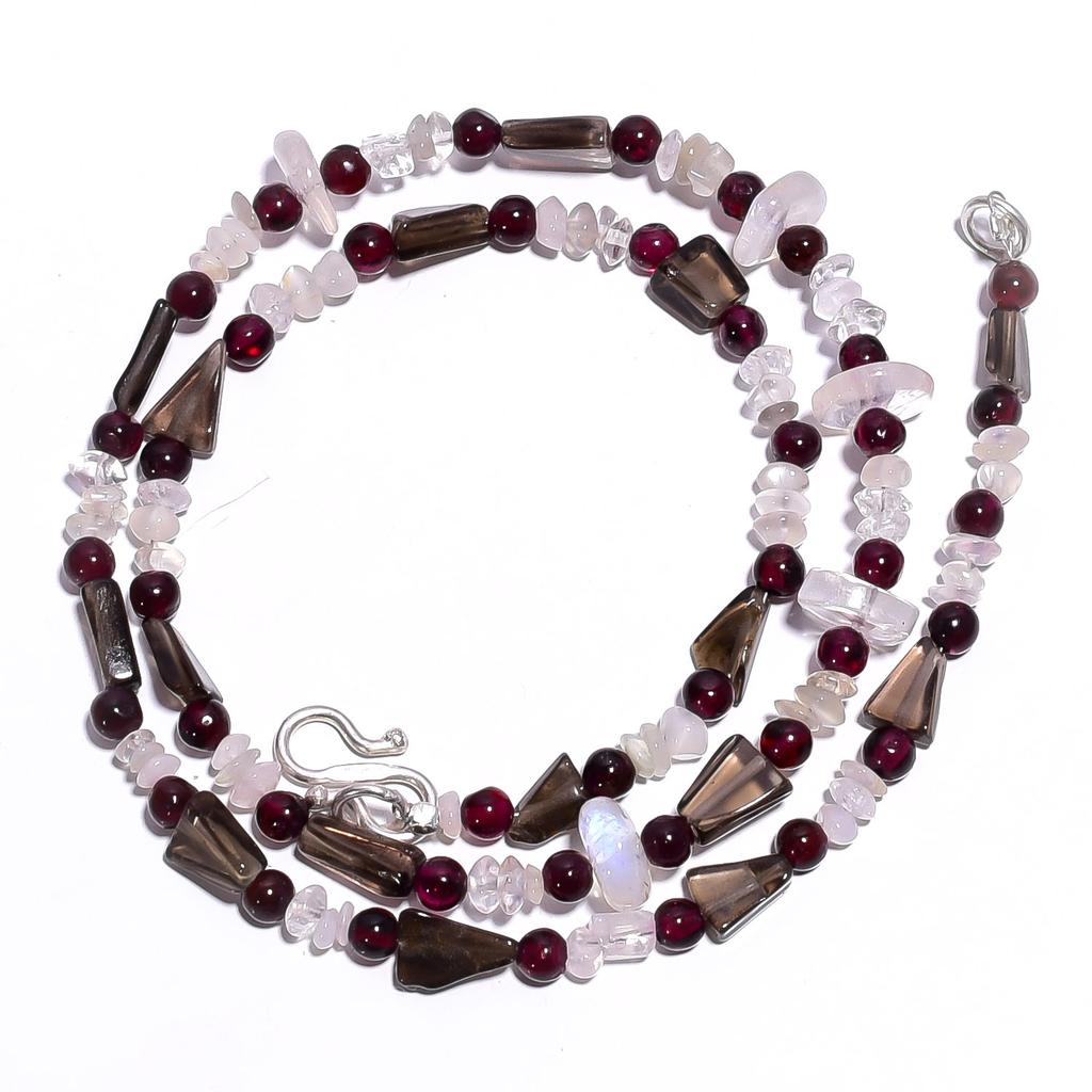 Natural Smoky Quartz Crystal Garnet Gemstone Smooth Beads Necklace 17" UB-4445 UB-4445