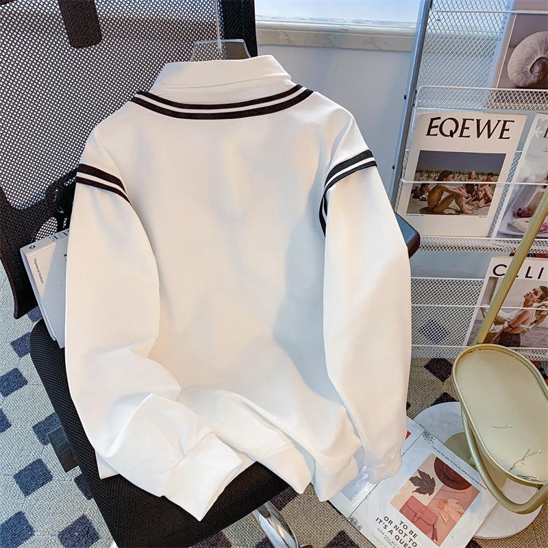 2024 Autumn Women's High-End Spliced Polo Sweatshirt - Long Sleeve, Loose, Slimming, Versatile Design