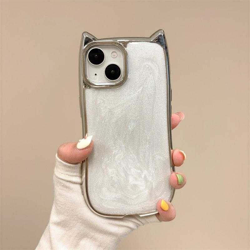 

Роскошный чехол с гальваническим покрытием и мультяшными кошачьими ушками для iPhone 15 Pro Max 14 13 12 Pro 11, универсальный защитный чехол от падения iPhone 11 белый