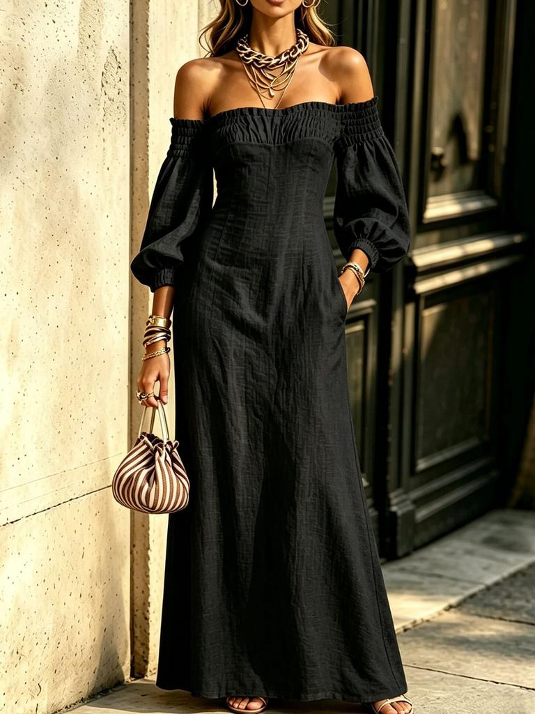 European and American One-word Shoulder Long Women's Dress, Bubble Sleeves, Waist and Thin Temperament Long Holiday Dress