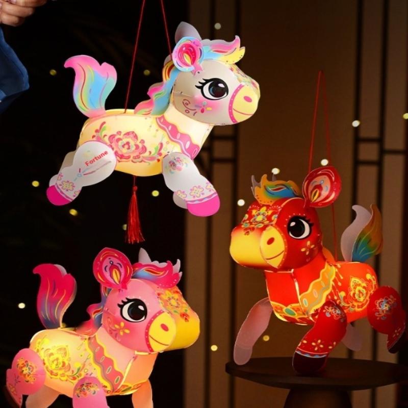 Cartoon Pony Pattern Lantern Handmade DIY Material Bag Spring Festival Lantern Glowing Handheld Lantern New Year Decorations